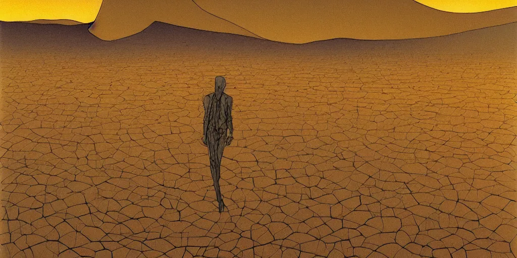 Prompt: a vast desert landscape at night. a statue of a giant head in the distance. moebius.