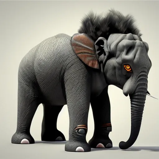 Image similar to a new creature that looks like a combination between an elephant and a lion, has a trunk and big ears yet also fur and a beautiful mane, very furry , concept art, trending on artstation 3D.