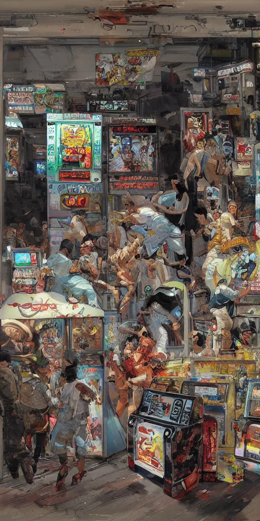 Image similar to oil painting scene from amusement arcade by kim jung gi