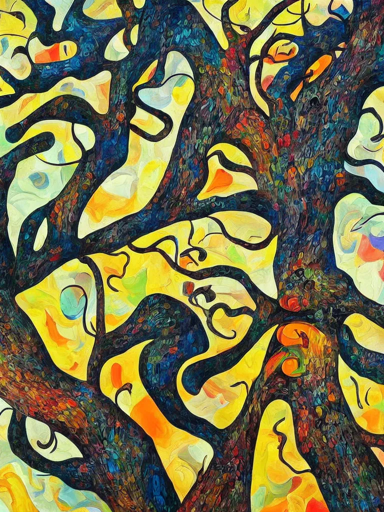 Prompt: award-winning, Trending on artstation, highly detailed, cubist painting of a tree, in the style of Salvador Dalí