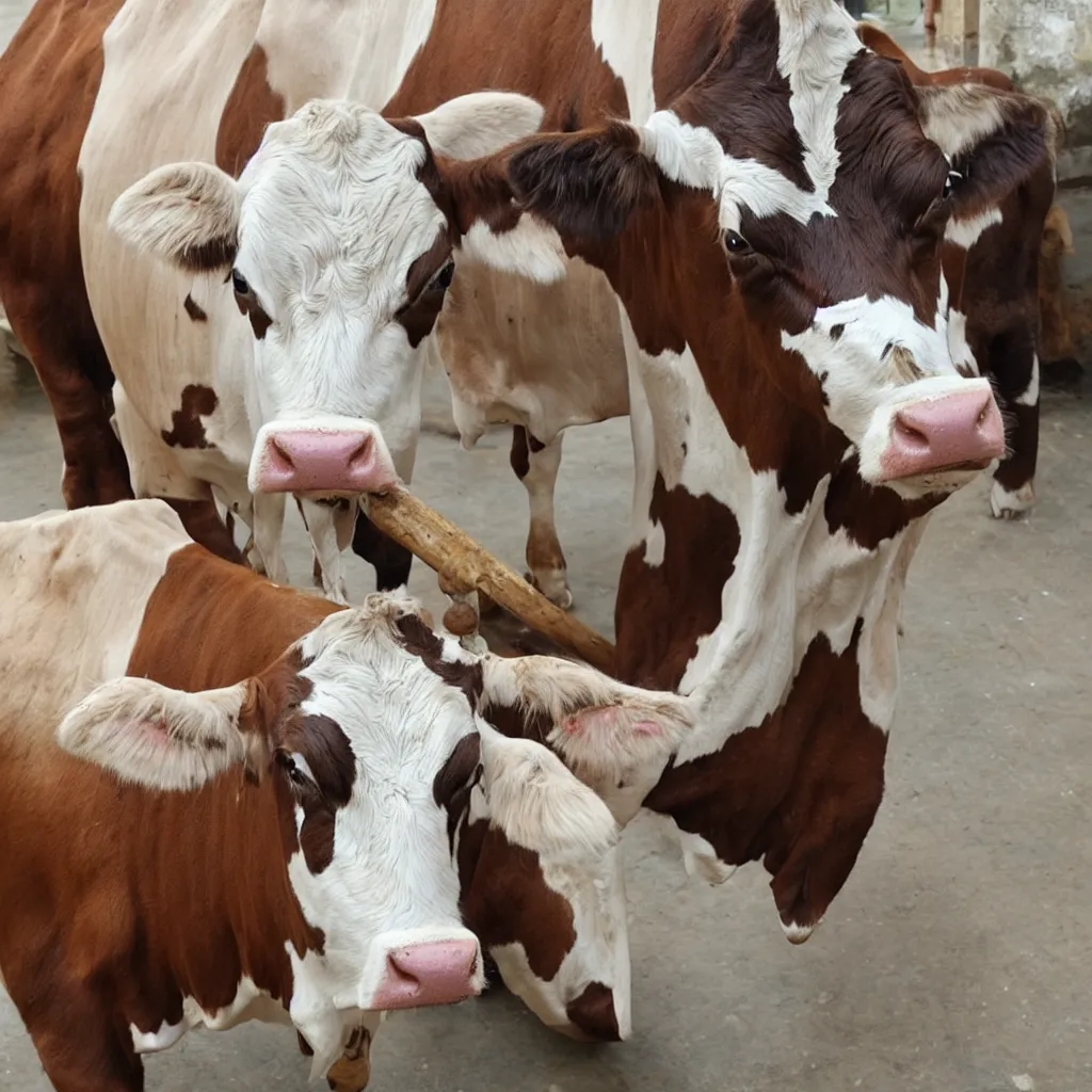 Prompt: a single cow with very large udders, she is spraying milk everywhere