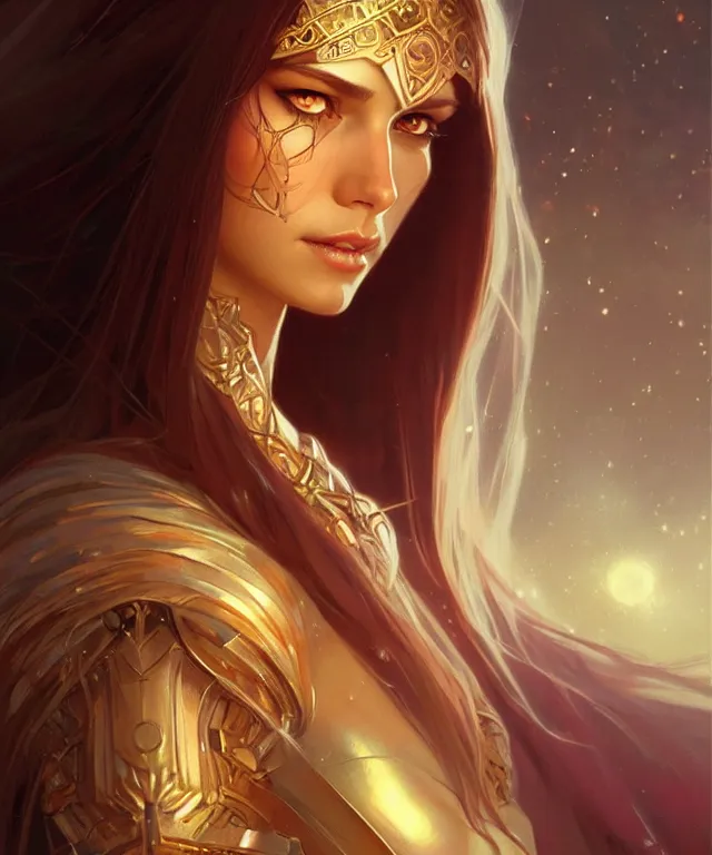 Image similar to A fantasy magic woman portrait, sci-fi, amber eyes, face, long hair, fantasy, intricate, elegant, highly detailed, digital painting, artstation, concept art, smooth, sharp focus, illustration, art by artgerm and greg rutkowski and alphonse mucha