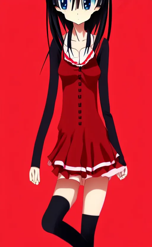 Image similar to anime girl with a detailed face and black hair in a red outfit, full body, trending, blank space at the top, illustration
