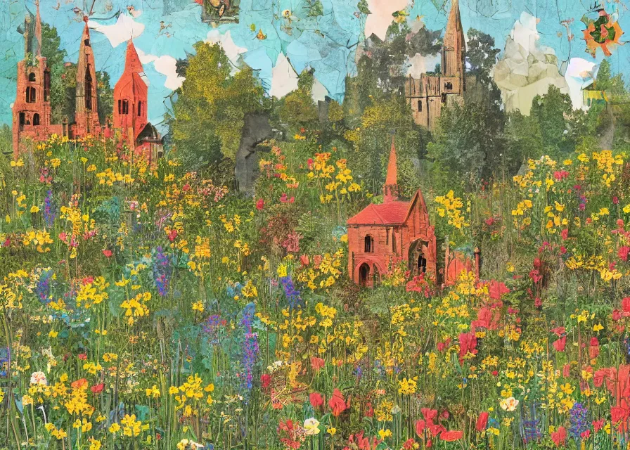 Image similar to small gothic monastery in the middle of a forest with flower meadow, colored paper collage