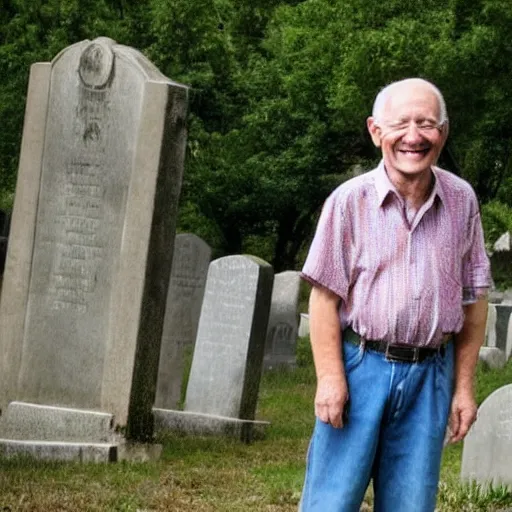 Image similar to a smiling old man in a graveyard