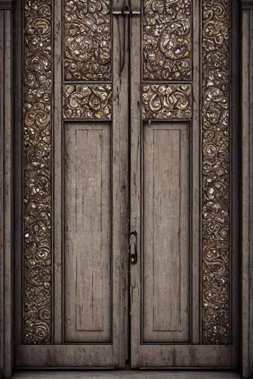 Image similar to a huge old weathered dark wooden door made with bright metallic rush plant ornaments, ornate, fantasy, photorealistic, octane render, volumetric light, high definition, ultra detailed, trandind on artstation, midjourney