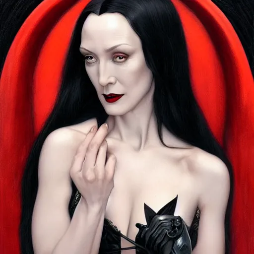 Image similar to catherine o'hara as morticia addams, masterpiece, intricate, elegant, highly detailed, digital painting, artstation, concept art, smooth, sharp focus, illustration, art by artgerm and greg rutkowski and alphonse mucha and uang guangjian and gil elvgren and sachin teng, symmetry!!