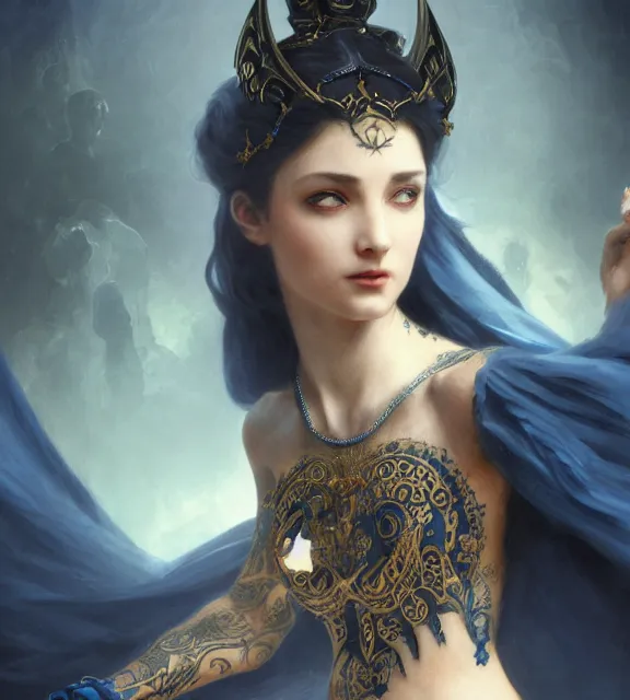 Image similar to god of death, in the underworld, elegant dark blue dress, very detailed, throne, very intricate details, jewelry, delicate tattoos, elaborate long hairstyle, cinematic, artstation, william bouguereau, greg rutkowski, rossdraws, octane render