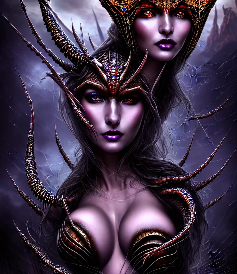 Image similar to close up portrait on the enchanting femenine queen of the zerg, hyper attractive, seductive, very complex, hyper-maximalist, overdetailed, legendary cinematic, darkfantasy, archetype with timeless beauty breathtaking eyes, her spider like legs spread evenly around her framing the image, collossal alien ship in the sky behind her, highly intricate, digital art, very elegant, HDR 8K, biblical art, realism, incomprehensible yet perspicious detail, unbeatable quality, silent hill aesthetic, photorealistic, lifelike, DSLR 8k, unbeatable coherency, Omnious intricate, octane render, created Nixeu & z--ed from deviantart