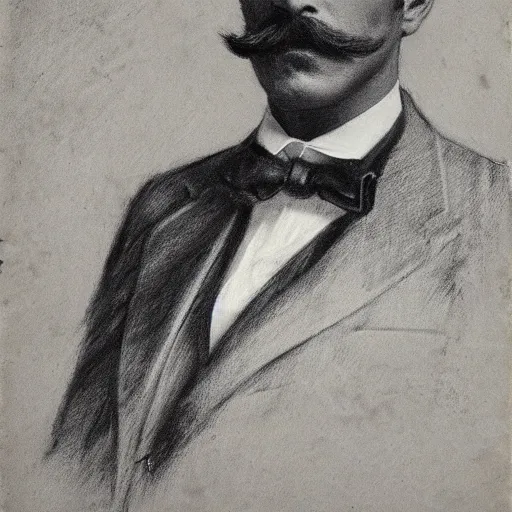 Image similar to portrait of an action hero, suit, bow tie, mustache, by alfred stevens in charcoal