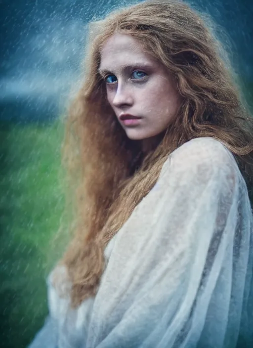 Image similar to cinestill 5 0 d photo of a pre - raphaelite blond beautiful woman, dreamy mood, fine art photography in style of gilles zimmermann, 1 5 0 mm, f 1. 2, emotionally evoking, head in focus, stormy rainy clouds outdoor, matt colour background, volumetric lighting, hyper realistic, ultra detailed