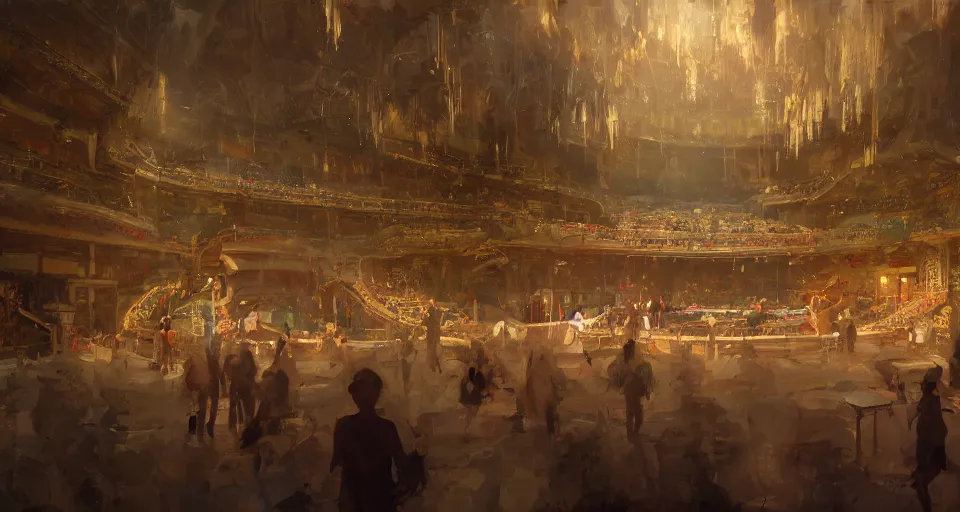 Image similar to craig mullins and ghibli digital art of inside the theater, on the stage, masked female violinists, exotic costumes, gold jewelry, black hair, solo performance unreal engine, hyper realism, realistic shading, cinematic composition, realistic render, octane render, detailed textures, photorealistic, wide shot