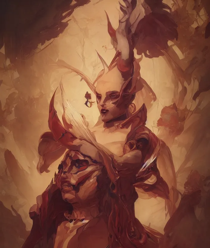 Prompt: excellent painted portrait of the grand demon tyrant, symmetry, 4k, trending on artstation, octane render, art by artgerm and greg rutkowski and alphonse mucha and craig mullins and James Jean and Andrei Riabovitchev and Marc Simonetti and peter mohrbacher