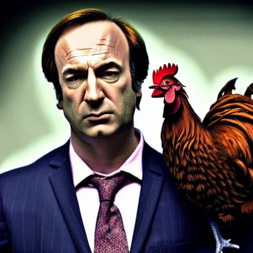 Image similar to saul goodman and a rooster in a medieval torture chamber, saw blades and knives in the background, horror movie, saul goodman, bob odenkirk, rooster!!!!, real life photo, highly detailed face