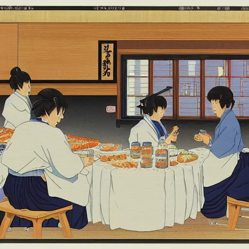 Prompt: chemists in white coats are eating a giant roll, hasui kawase