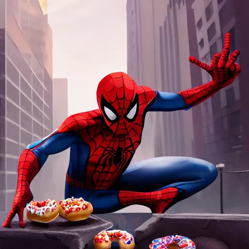 Image similar to spider - man sit on the raccoon and eating donuts, concept art, trending on artstation, highly detailed, intricate, sharp focus, digital art, 8 k