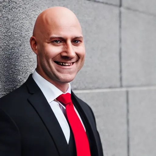 Prompt: a bald man wearing a black suit with a red tie smiling and looking at the camera ( greatly detailed, still frame shot, photo realistic, high quality photo, hyperrealistic and uhd )