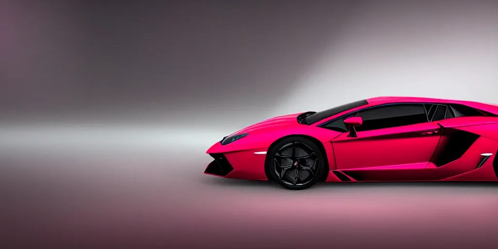 Image similar to Lamborghini Aventador LP 700-4 in red with pearl effect with purple spoilers on a sunny highway, side view concept art 3D digital art product design render in light room photo studio, octane rendering, dramatic lighting, HDR, VRAY 2k render, ray tracing
