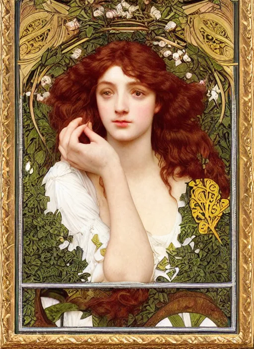 Prompt: masterpiece beautiful seductive flowing curves preraphaelite face portrait photography, extreme close up shot, straight bangs, thick set features, yellow ochre ornate medieval dress, laying amongst foliage mushroom forest circle arch, frederic leighton and kilian eng and rosetti, william morris and mucha, framed, 4 k