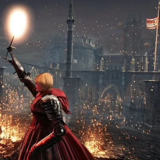 Prompt: Angela merkel praising the sun in Dark Souls 3