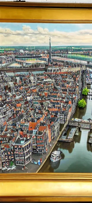 Image similar to a large oil painting of a drone view of amsterdam