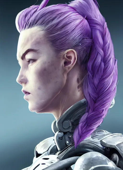 Image similar to close up portrait of a pale woman in sci - fi power armor with purple ponytail hair, powerful, domineering, stoic, intense, ultrafine hyperdetailed illustration by kim jung gi, irakli nadar, intricate linework, sharp focus, octopath traveler, yoji shinkawa, highly rendered, radiant light, detailed, intricate environment