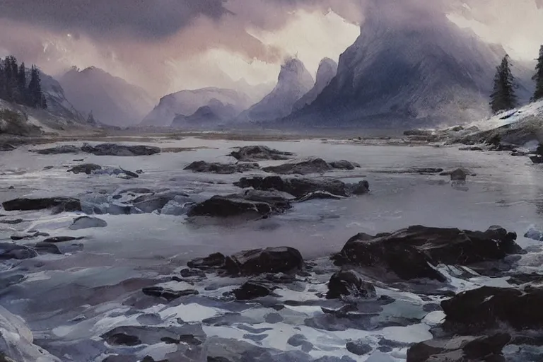 Prompt: watercolor painting of small cold river, reflections, shallow mountains and dramatic swirling clouds, mythological art by hans gude, ambient lighting and shadows, art by hans dahl, by jesper ejsing, art by anders zorn, wonderful masterpiece by greg rutkowski, cinematic light, american romanticism by greg manchess, creation by tyler edlin