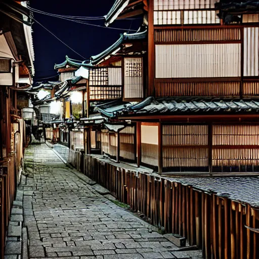 Prompt: city at night, layered japanese kyoto vintage housing, edo era, photograph