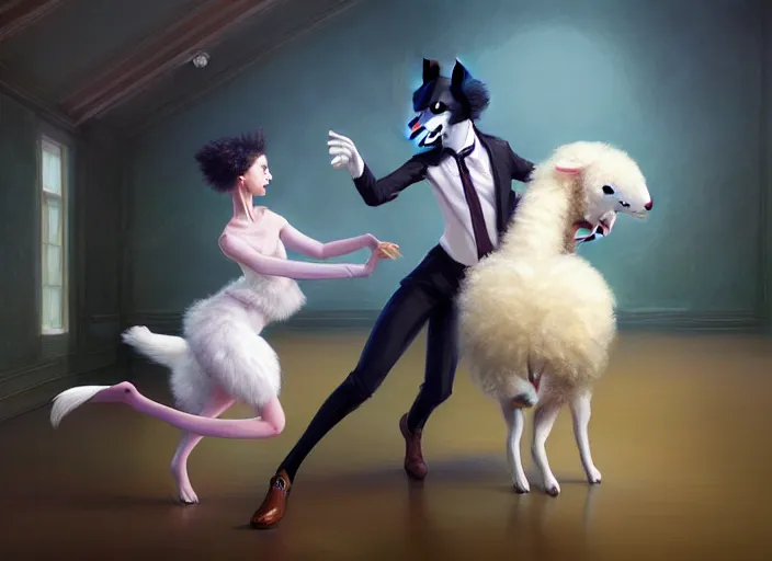 Image similar to wide shot painting of a male anthropomorphic border collie fursona dancing with a cute female anthropomorphic sheep fursona in a ballroom, beautiful, intricate, elegant, realistic proportions, highly detailed, scenic background, trending on artstation, art by charlie bowater and henry asencio and and ross tran