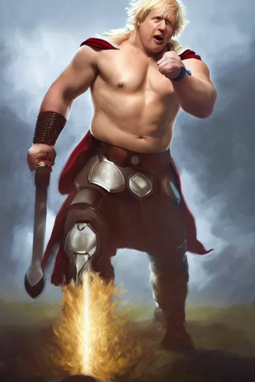 Image similar to Boris Johnson as Thor with hammer Mjolnir, Boris Johnson hairstyle, full body realistic portrait, highly detailed, muscular body, digital painting, artstation, concept art, smooth, sharp focus, illustration, cinematic lighting, art by artgerm and greg rutkowski and alphonse mucha