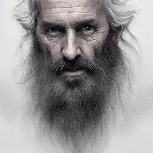 Prompt: a stunning ultra realistic pencil drawing of content old man with a long purple beard, peaceful and graceful, by dirk dzimirsky and tom bagshaw, studio portrait, pencil and charcoal, melancholic, catchlight in the eyes, 4K