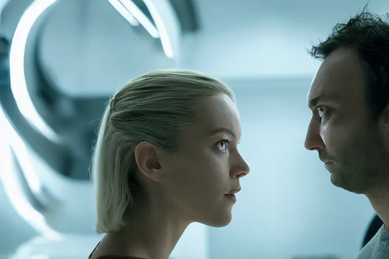 Image similar to movie closeup polar opposites, couple, researchers in a futuristic weapons lab, beautiful skin, Symmetrical faces. Beautiful lighting by Emmanuel Lubezki