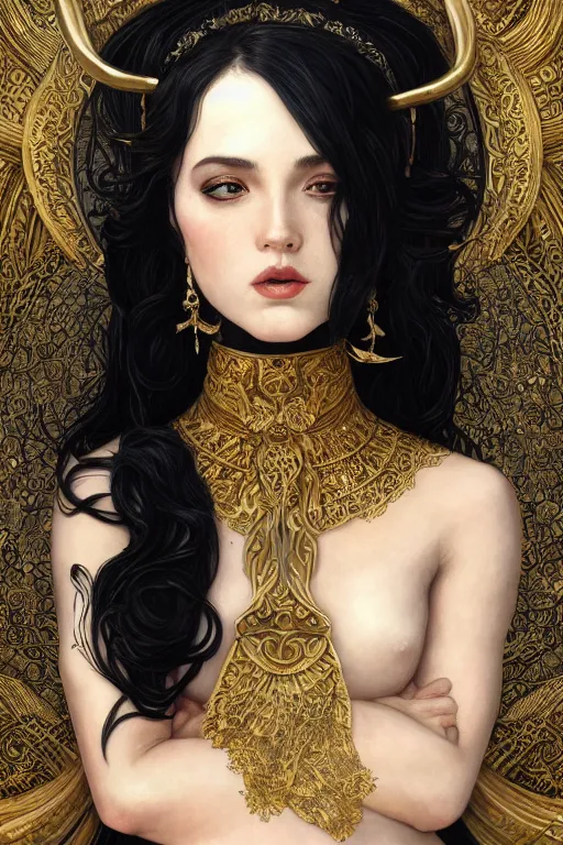 Image similar to fullbody!! of a beautiful woman with long black hair, big natural horns on her head, long flowing intricate black lace dress, gold jewellery, dnd, face, fantasy, intricate, elegant, highly detailed, digital painting, artstation, concept art, smooth, sharp focus, illustration, art by artgerm and greg rutkowski and alphonse mucha