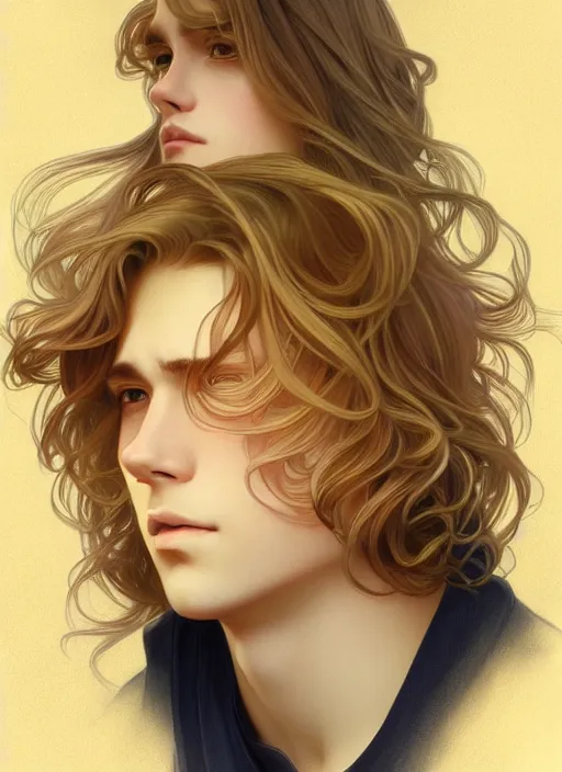 Image similar to pretty young man with shoulder length shiny shimmering golden blond hair, path traced, highly detailed, high quality, digital painting, by studio ghibli and alphonse mucha, leesha hannigan, disney