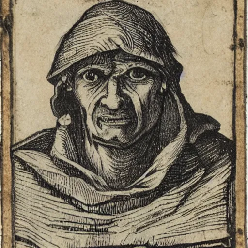 Image similar to A 17th Century beggar, with the letter B carved on his forehead, filthy, haggard, no teeth, dirty hair, woodcut, Breughel