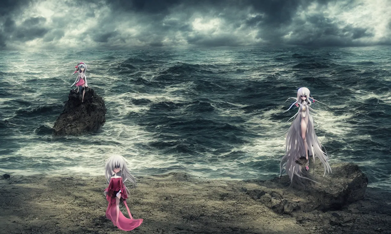 Image similar to cute fumo plush girl enigmatic gothic maiden anime girl on an abandoned island surrounded by the sea, marine beach seascape, storm clouds in the distance, vignette, vray