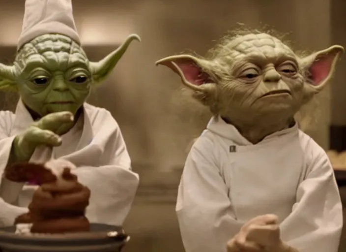 Image similar to film still of yoda working as a pastry chef in the new Star Wars movie, 4k