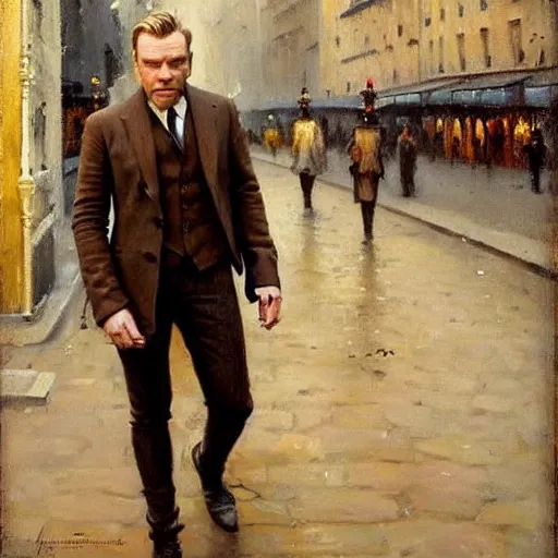 Image similar to we see ewan mcgregor from side. he is dressed as a gentleman at early 2 0 th century paris. atmospheric feeling, warm colours, brown colours, yellow colours, epic scene, cinematic, very detailed, oil painting