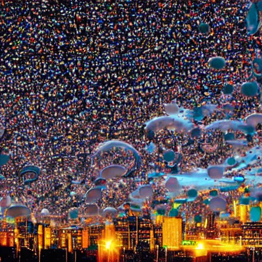 Prompt: doughnut rain over a city