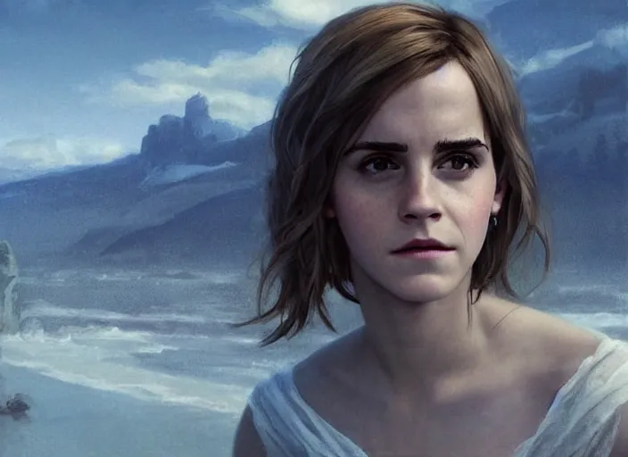 Image similar to emma watson the real god, watching the earth. epic cinematic hyperrealism masterpiece. realistic poster with shaded lighting by craig mallismo, artgerm, jeremy lipkin and michael garmash, unreal engine, radiant light, detailed and complex environment, octane photoreal 3 d render, art station trends