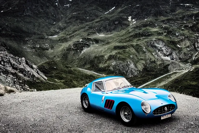 Image similar to car photography of “Ferrari 250 GTO series 2” in the Swiss Alps by Emmanuel Lubezki