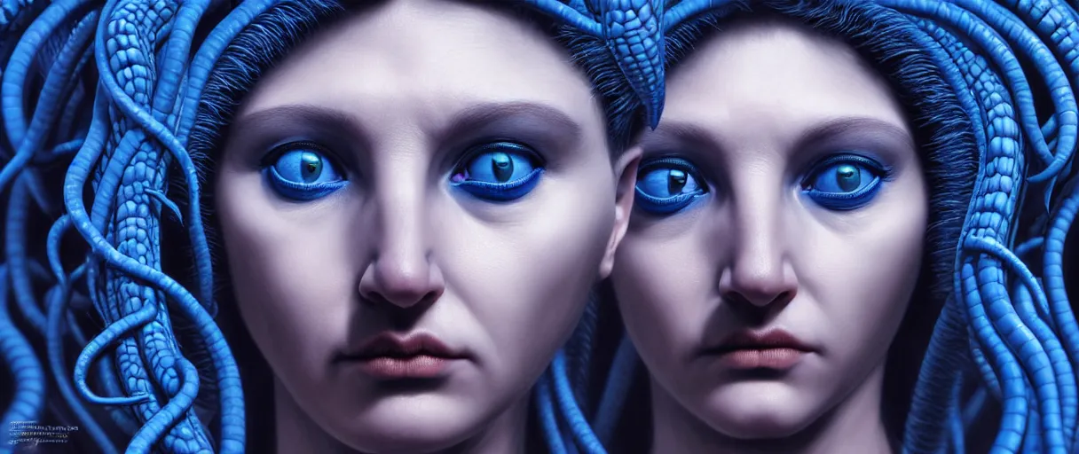 Image similar to hyperrealistic highly detailed close-up portrait of a Rubensian blue gothic medusa with round cat eyes sharp concept art wayne barlowe cinematic lighting 8k low angle shallow depth of field