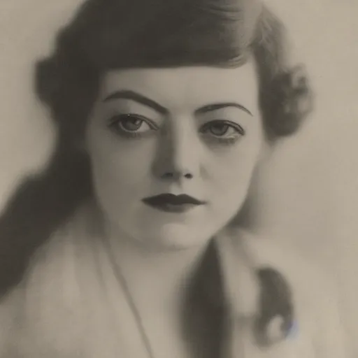 Prompt: headshot photograph of emma stone, edwardian, 1 9 2 0 s film actress, realistic face, ethereal, 1 9 1 0 s, grainy, victorian, soft blur