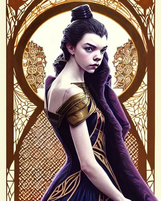 Image similar to anya taylor - joy ( queen's gambit ), art nouveau, fantasy, intricate chess designs, elegant, highly detailed, sharp focus, art by artgerm and greg rutkowski and wlop