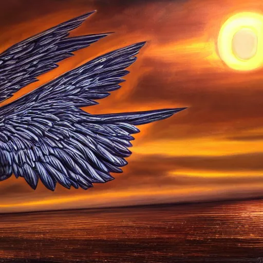 Image similar to a public restroom with wings, flapping its wings flying in sunset sky, oil on canvas, portrait, intricate, 8k highly professionally detailed, HDR, CGsociety