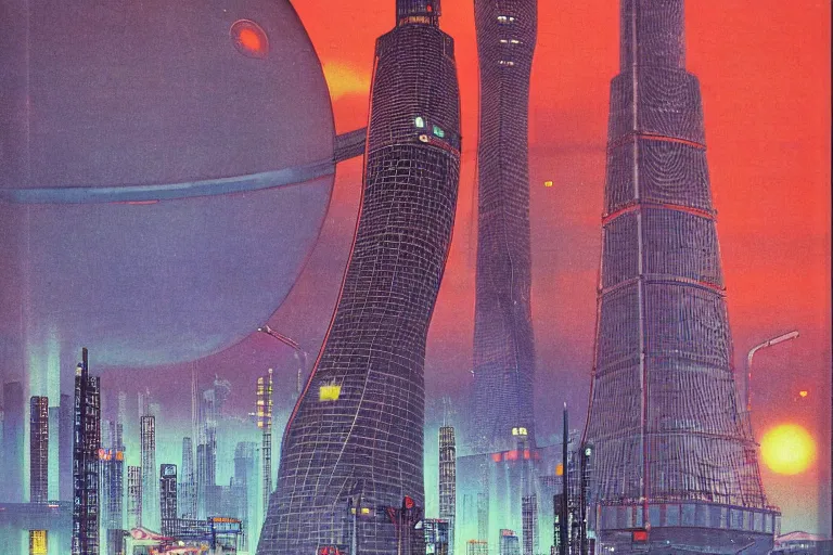 Image similar to 1979 OMNI Magazine Cover of the base of Tokyo tower in neo-Tokyo in cyberpunk style by Vincent Di Fate