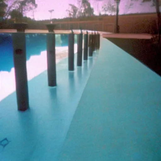 Image similar to Beautiful colored-photo cameraphone 2005 soft liminal Photograph of an infinite dark walkway pool