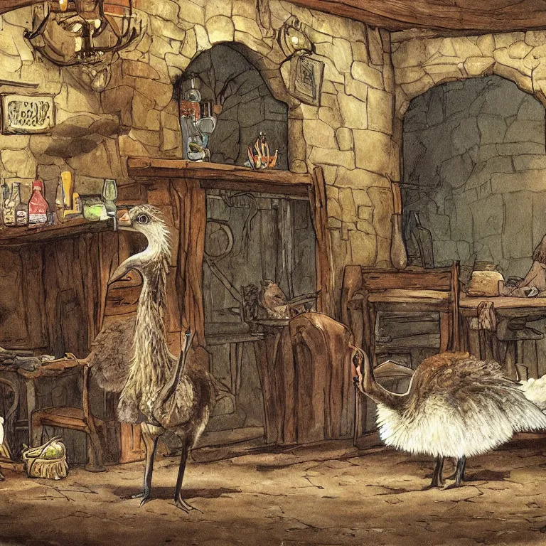 Image similar to a single emu in a tavern, fantasy rpg book illustration