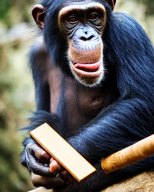 Image similar to gold, blue, photo of a chimpanzee as indiana jones solving a puzzle, big cigarre in mouth, 8 k, 8 5 mm f 1. 8