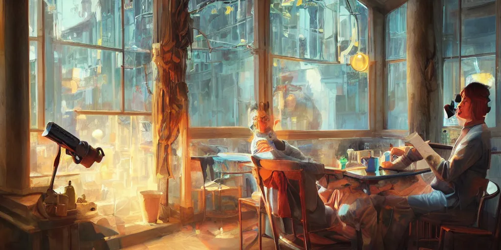 Prompt: intense vibrant film still of a poet finishing his masterwork in a coffe shop, several people around focused on their smartphones, award winning digital art by mandy jurgens